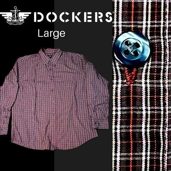 Dockers Cotton Blend Burgundy Plaid Long Sleeve Button Down Large - Picture 1 of 8